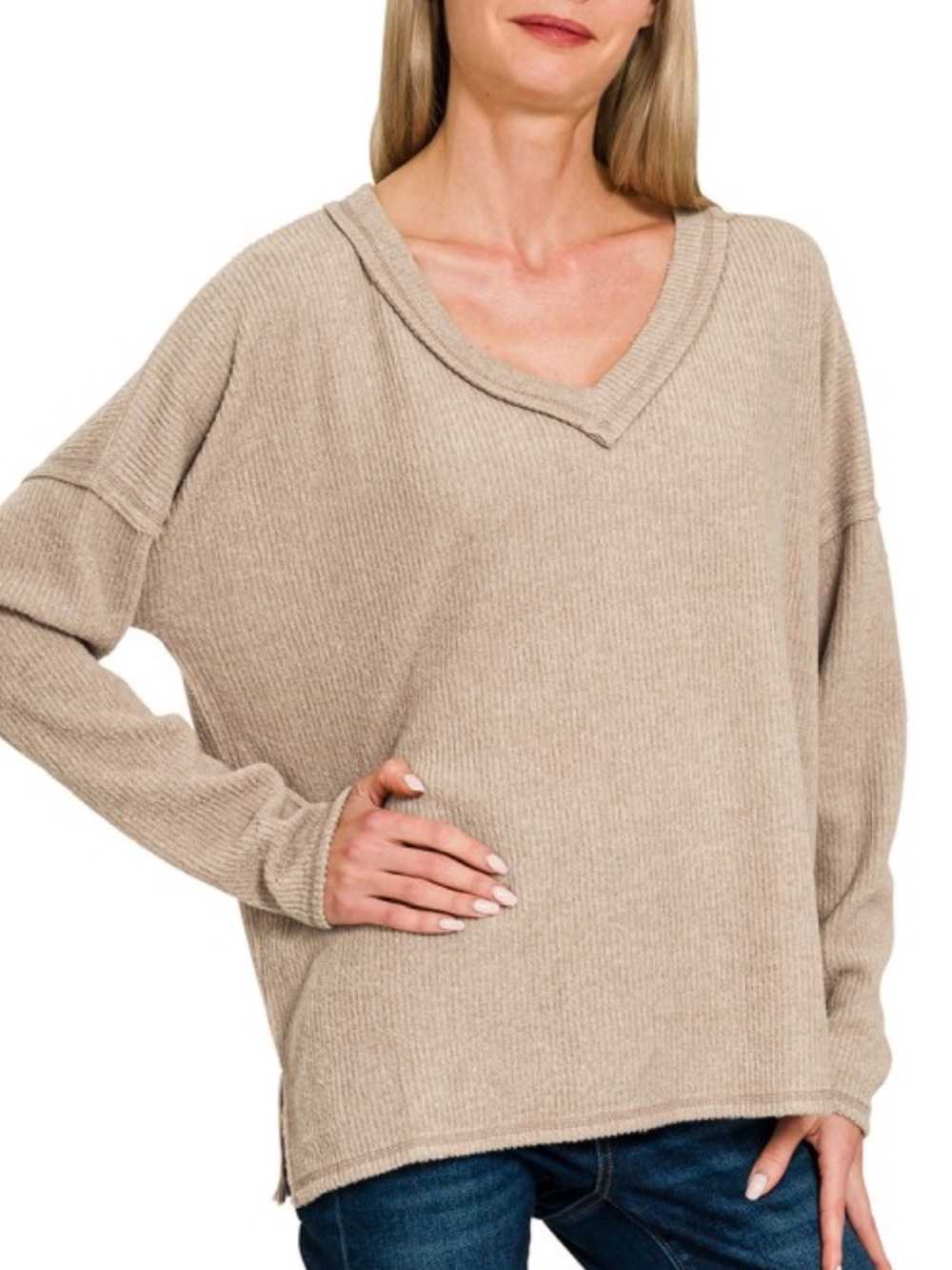 993. ASH MOCHA WOMEN’S RIBBED V-NECK DROP SHOULDER TOP